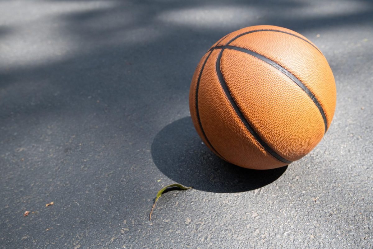 Basketball laying on the driveway of an American household. 