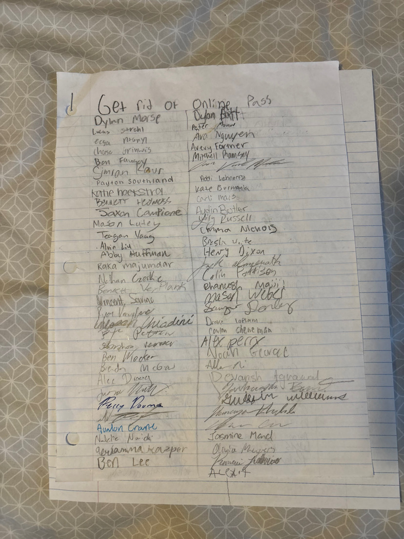 The first page of the 150+ student signed petition, started by Dylan Morse, to rid the SmartPass system.